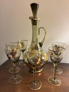 Vintage MCM Romanian Handblown Smoky Glass Decanter with 6 matching stem glasses